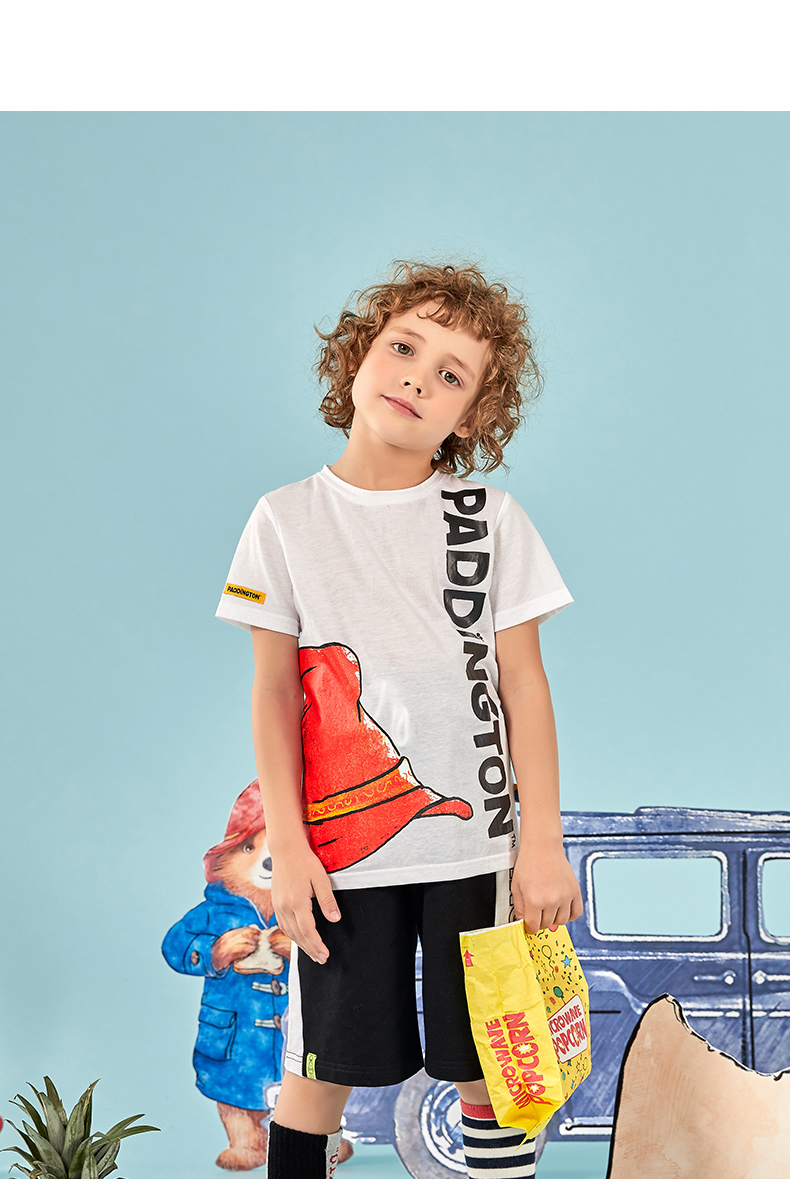 paddingtonbear帕丁顿熊童装夏季儿童绅士帽印花圆领t恤