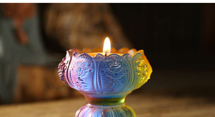 超级新品 七彩琉璃莲花灯酥油灯座八吉祥七星灯高脚玻璃蜡烛台供佛灯