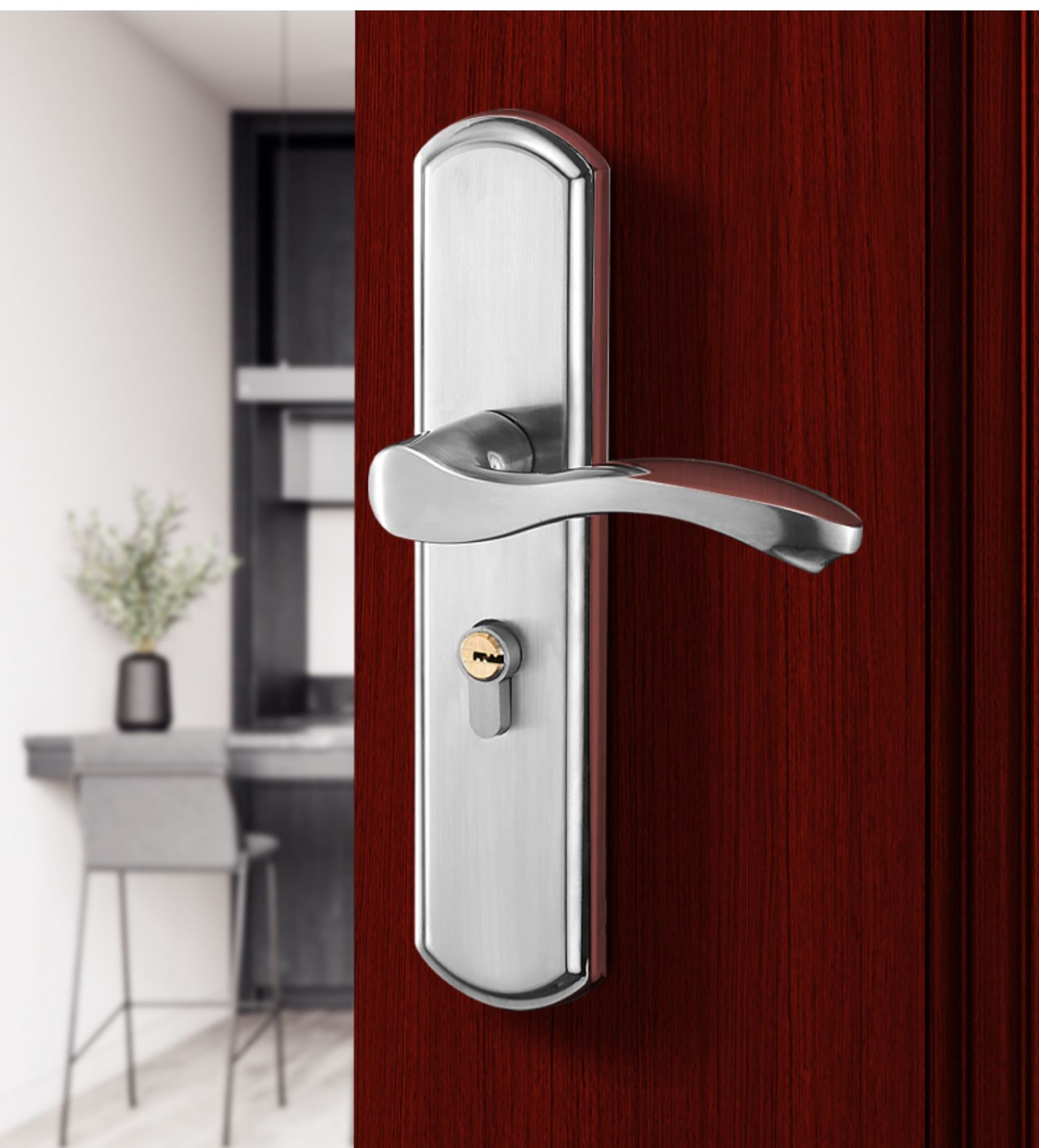 jing ping卧室门锁家用通用型免打孔房间木门室内门锁不锈钢门把手