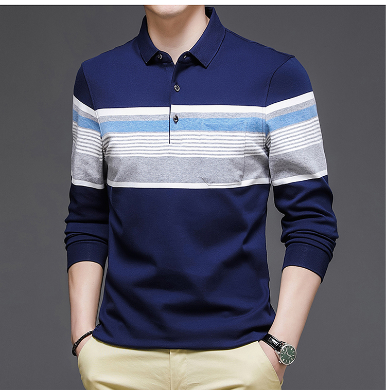 天地狐男装长袖t恤2021春秋新款男士商务翻领长袖体恤衫条纹撞色上衣