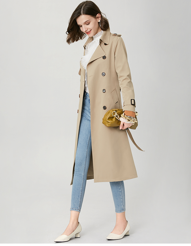 晚白2020秋冬新品通勤简约纯色翻领长袖修身收腰系带长风衣外套女