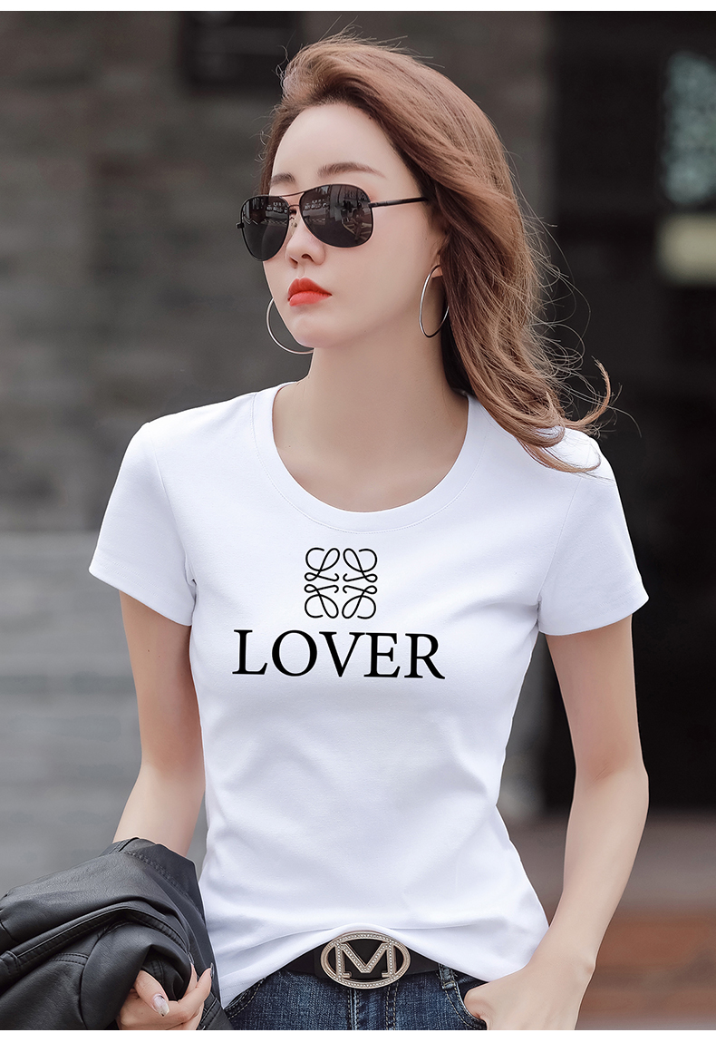 希杰狮王夏季新款圆领白色短袖t恤女修身显瘦百搭上衣字母印花半袖