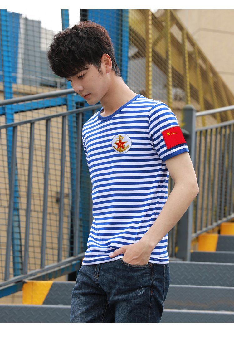 男士刺绣海魂衫蓝白条纹短袖水手服团队活动聚会半袖t恤纪念定制天蓝