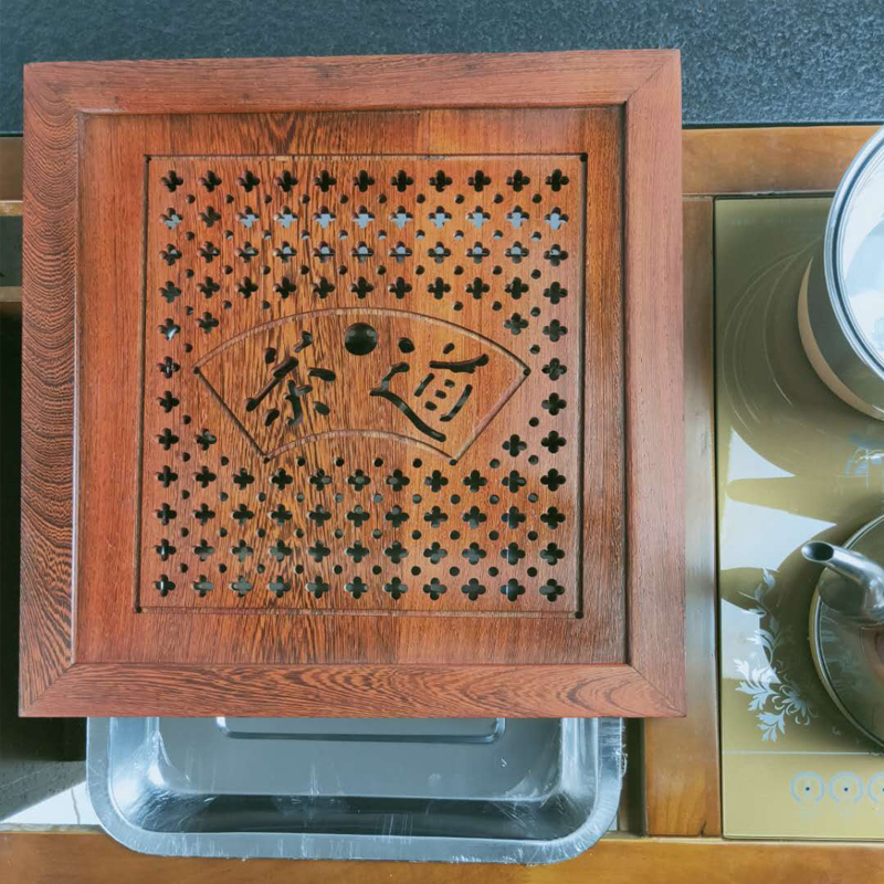 嵌入式漏水板功夫茶桌鸡翅花梨木红木大理石茶台旅行茶具 国泰家和