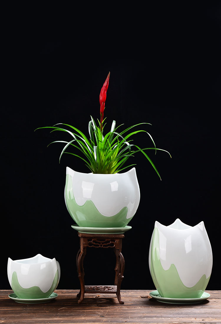 ciaa园艺用品 陶瓷花盆带托盘大号绿萝青瓷兰花盆肉肉植物绿植盆栽