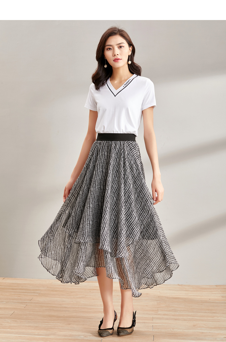欧昵雪夏季高腰百搭中长款荷叶边波浪裙摆不规则雪纺半身裙女