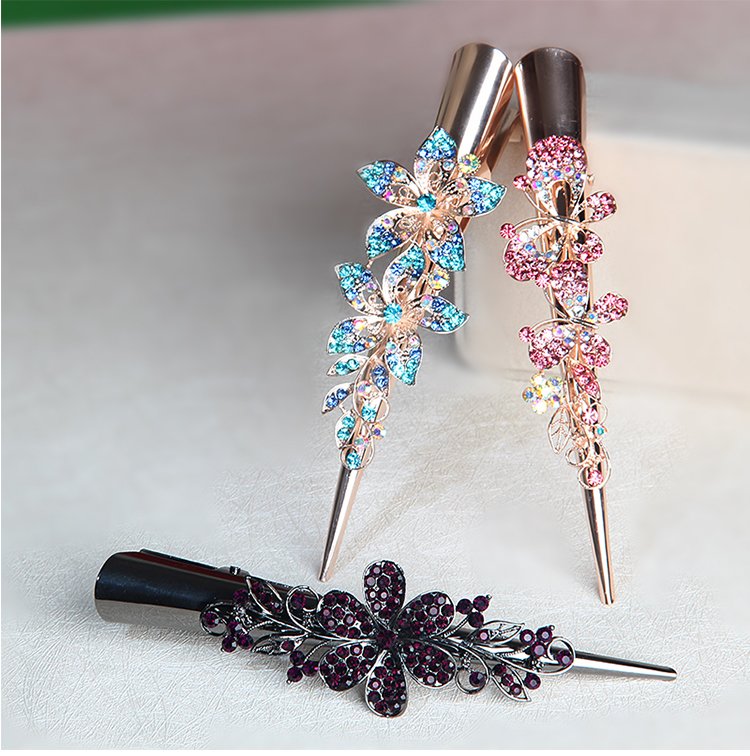 日韩水钻鸭嘴发夹盘头饰品女大码马尾合金钢牛角尖嘴带齿妈妈卡子d71