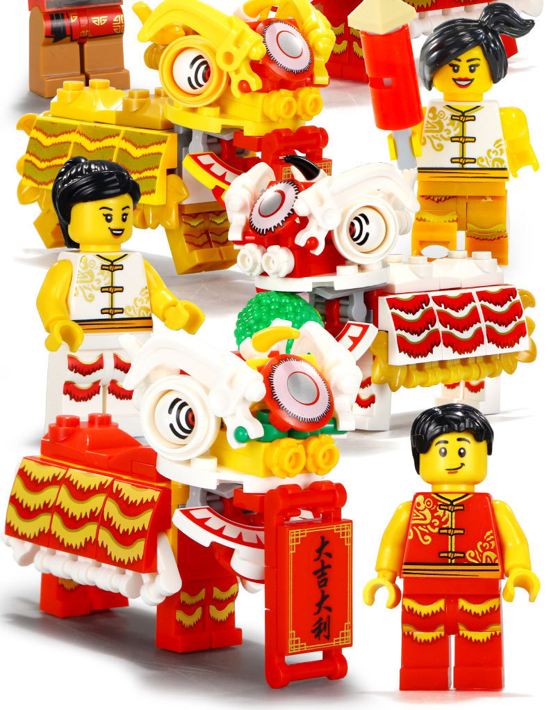 中国风1475新春贺岁舞狮表演中国风街景创意拼装插积木益智玩具森宝