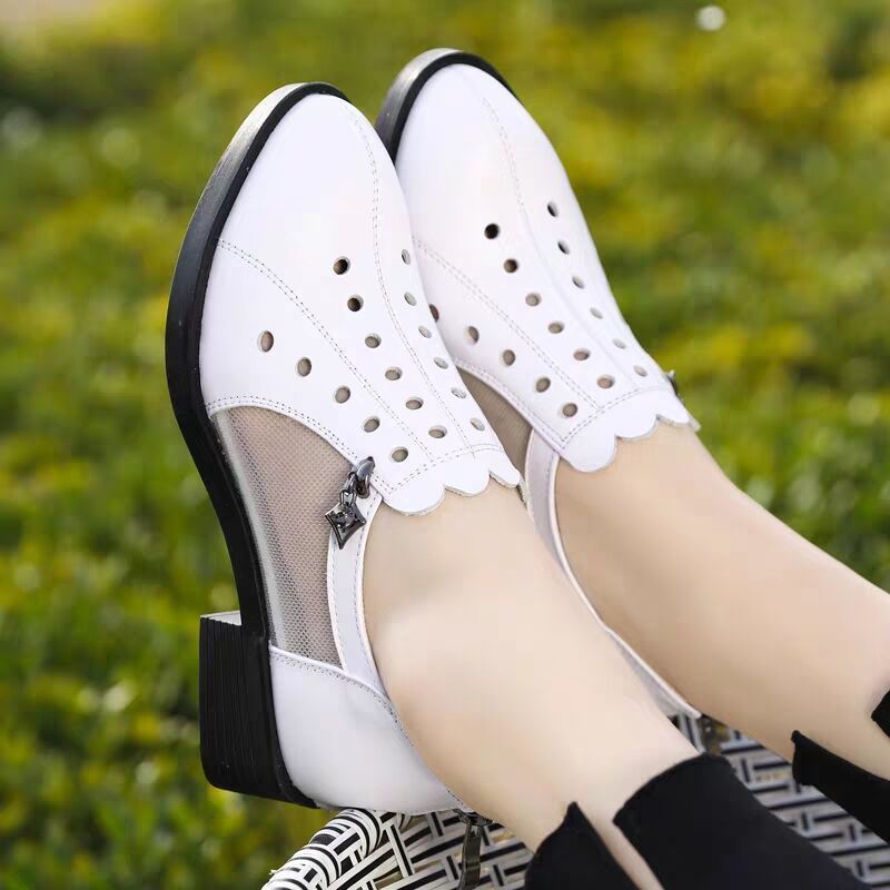 夏天鞋子女透气2021粗跟中跟镂空单鞋网纱皮鞋软底工作鞋妈妈凉鞋