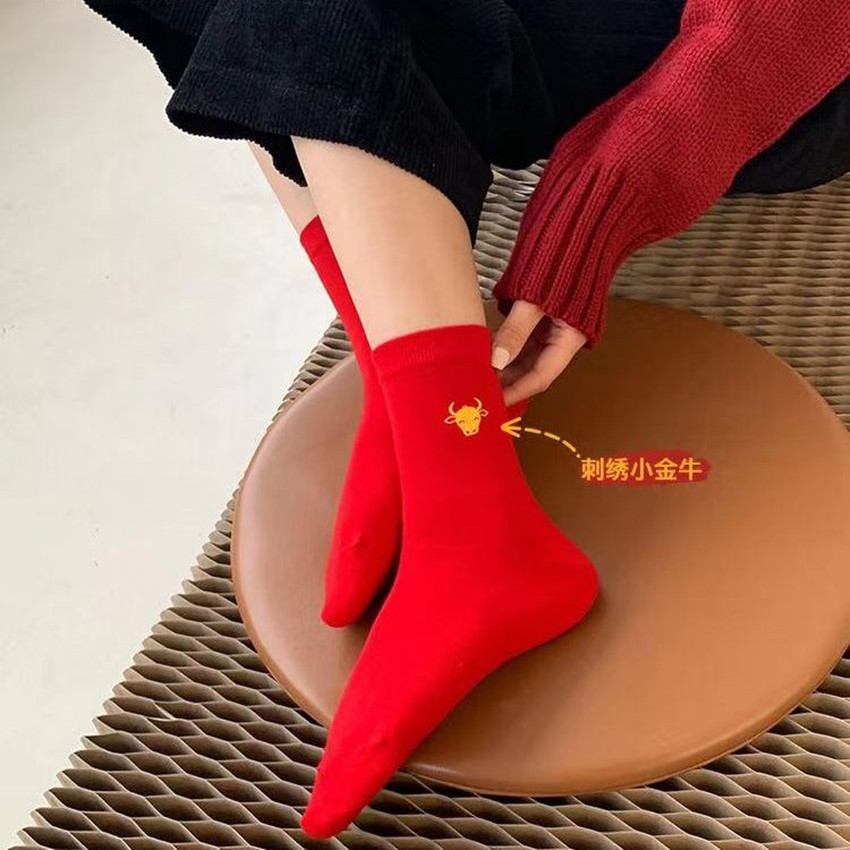 可莉允本命年女红袜子属牛年属牛红色棉本领红袜本历年女红盒装袜子