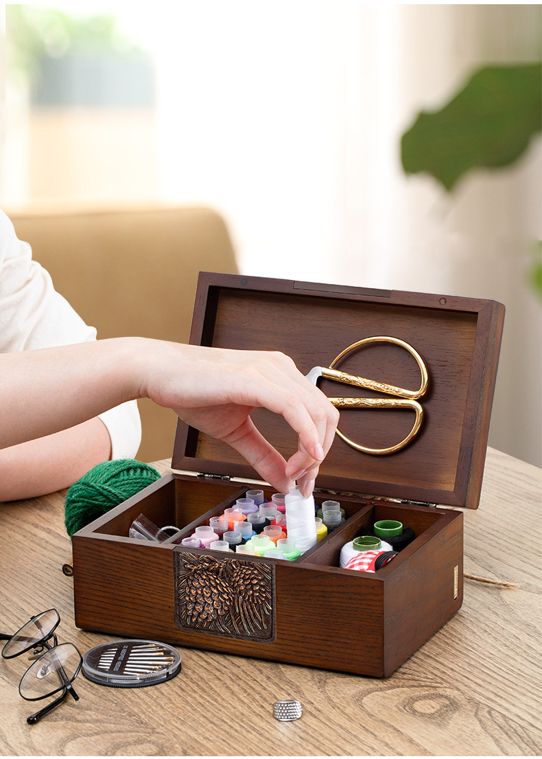 净也那澜多好美式复古针线盒套装家用缝纫线盒针线包木质大号收纳盒
