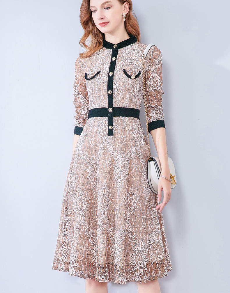 晩白新品时尚优雅通勤收腰显瘦女式a字大摆蕾丝连衣裙女