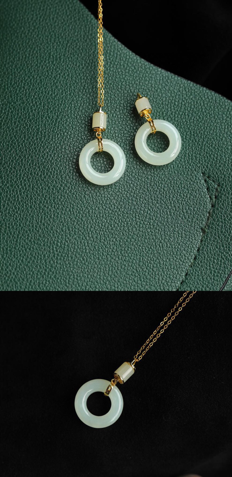 花语诗月子母扣银鎏金镶嵌天然和田玉扣项链s925银吊坠简约女