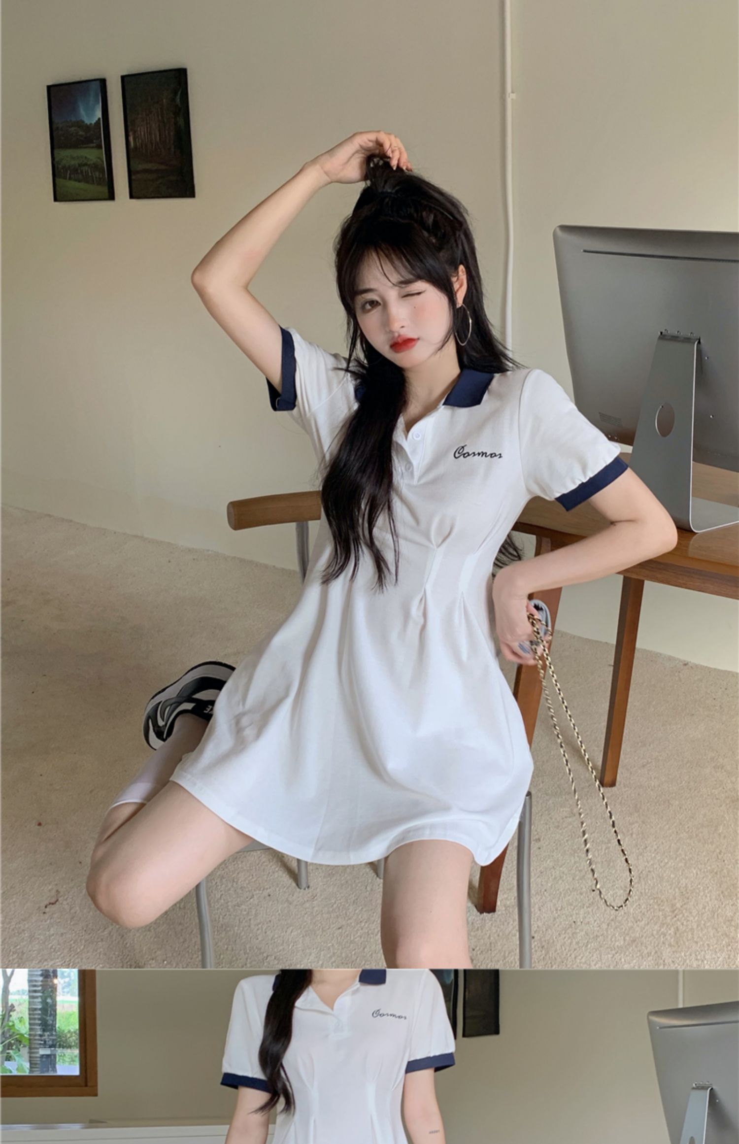 2021夏季新款小个子设计感polo领短袖连衣裙女气质收腰显瘦短裙子白色