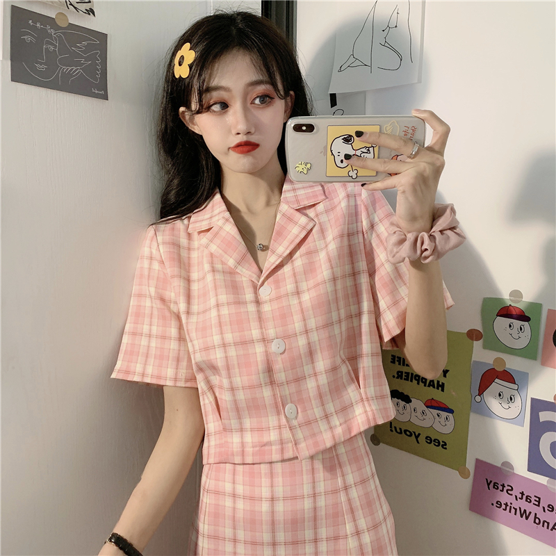 网红格职业套装女初春2020新款韩版洋气bm上半身裙时尚两件套