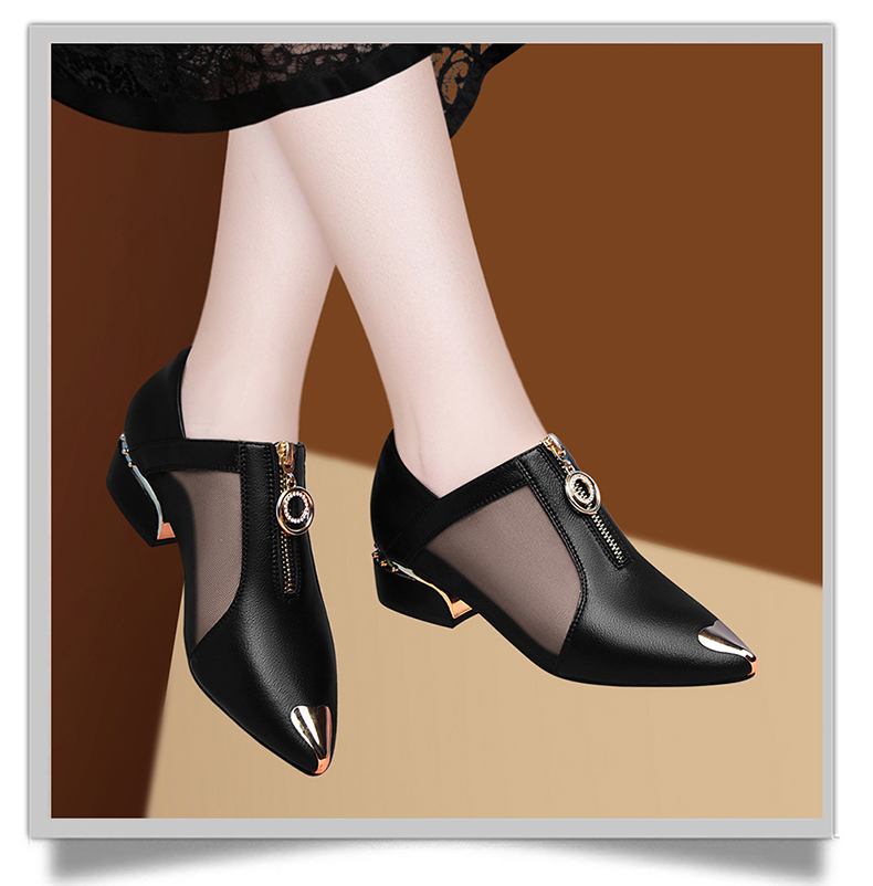 盾狐透气单鞋女鞋网面镂空2021年新款夏季皮鞋低跟中跟网纱鞋