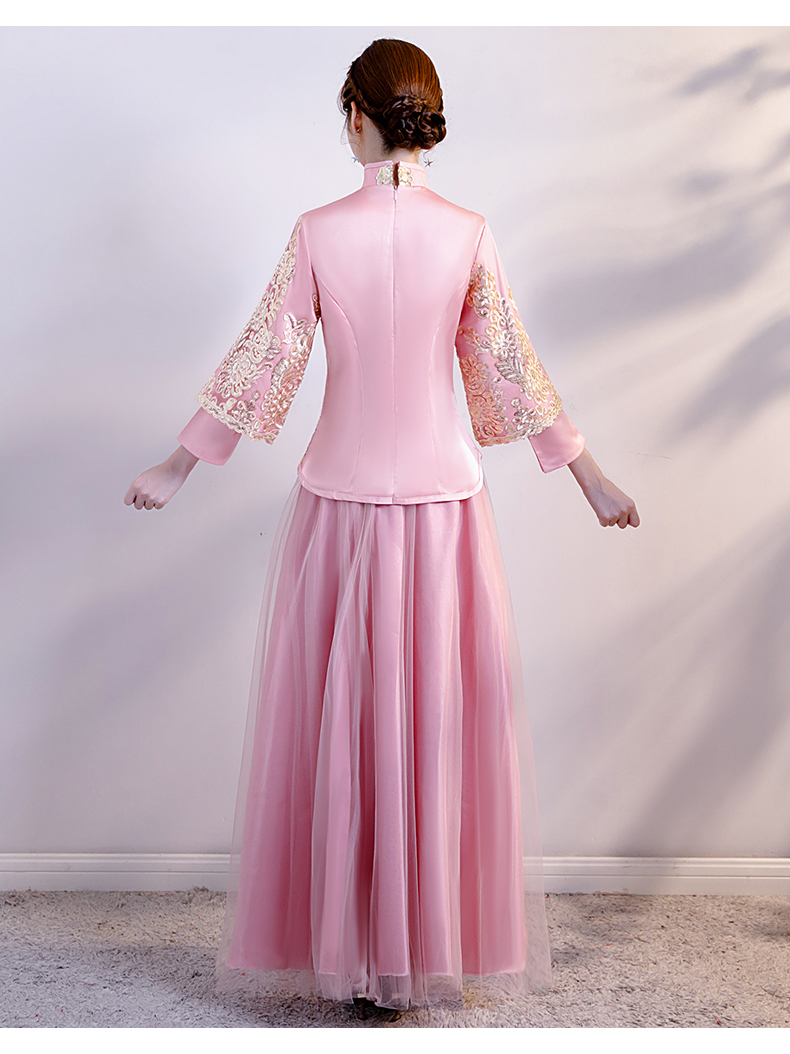 中式伴娘服女2019秋冬款中国风姐妹团秀禾礼服粉色伴娘裙显瘦