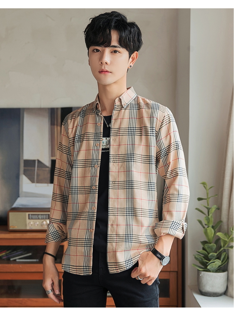 格子长袖衬衫青年韩版时尚休闲学生穿寸衫衬衣潮流棉质复古格子修身