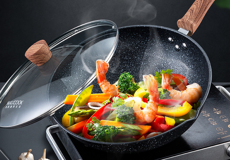 美厨maxcook不粘炒锅32cm可用铁铲导流口耐刮精铁带盖炒菜炒锅电磁炉