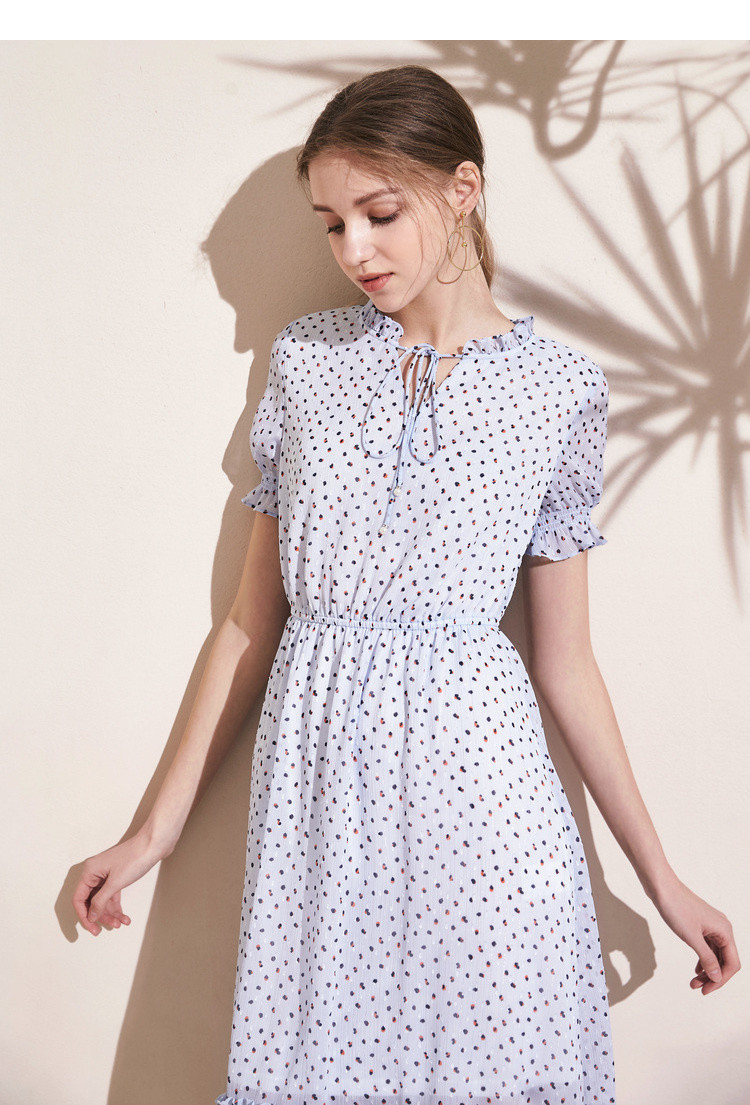 拉夏贝尔新款女装夏季雪纺碎花连衣裙收腰短袖法式中长款裙子