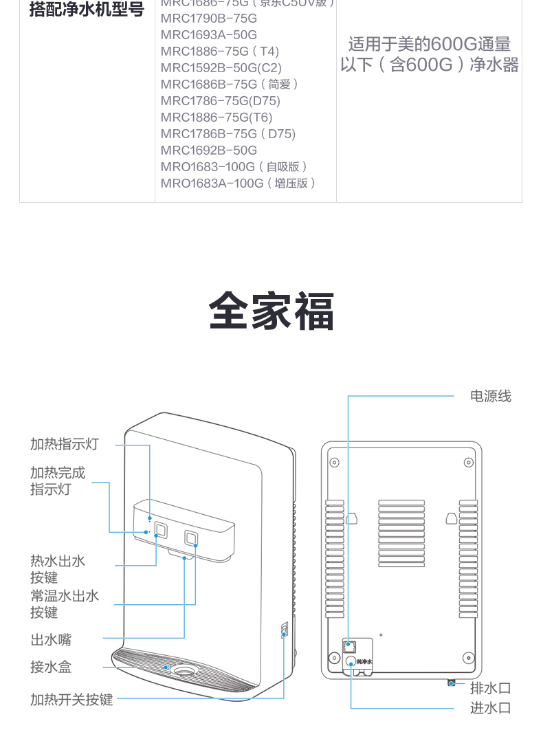 midea美的mg907r壁挂式直饮饮水机管线机速热冷热型净水器搭档