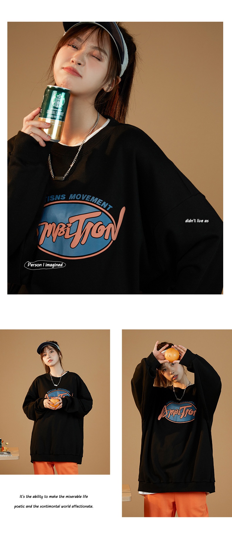 rosuya中性2021秋冬款绒面发泡印花宽松复古休闲圆领卫衣