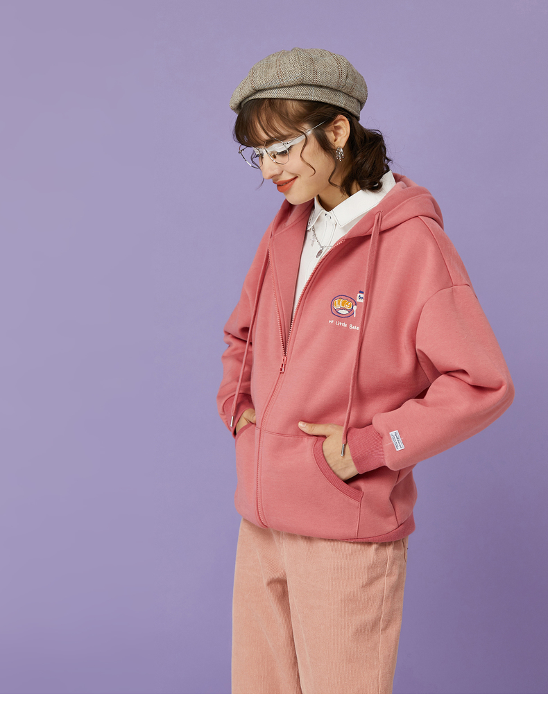 初语女士卫衣/帽衫 初语卫衣外套女拉链款2020秋季新款刺绣加绒粉色连