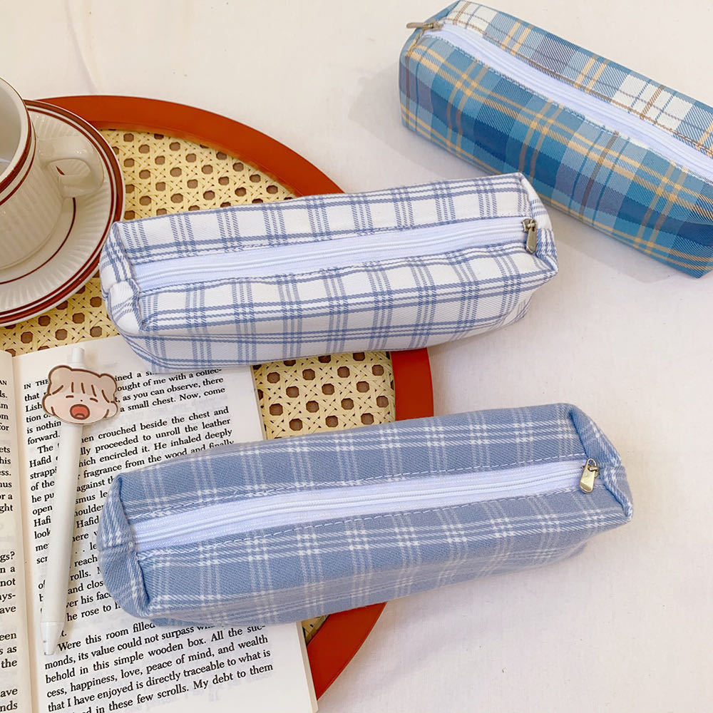 ins笔袋女jk韩版简约大容量学生可爱格子铅笔袋初中多功能文具袋雪松