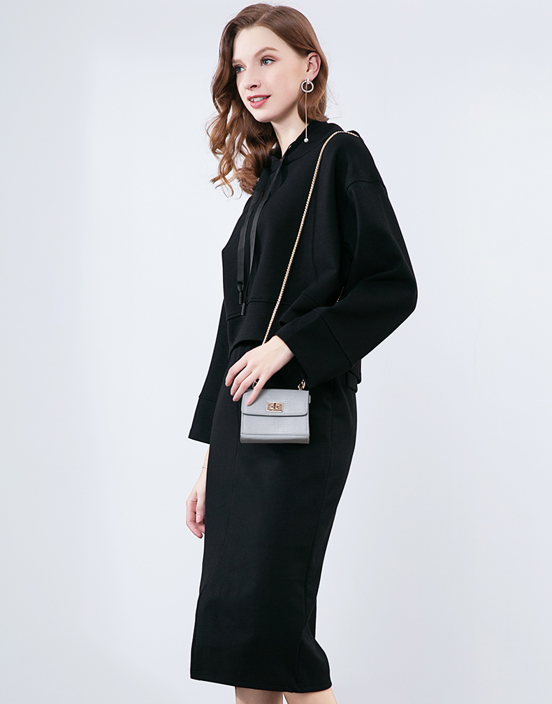 晚白女装2019春季新款套装裙纯色连帽领t恤松紧腰中长款包臀裙两件套