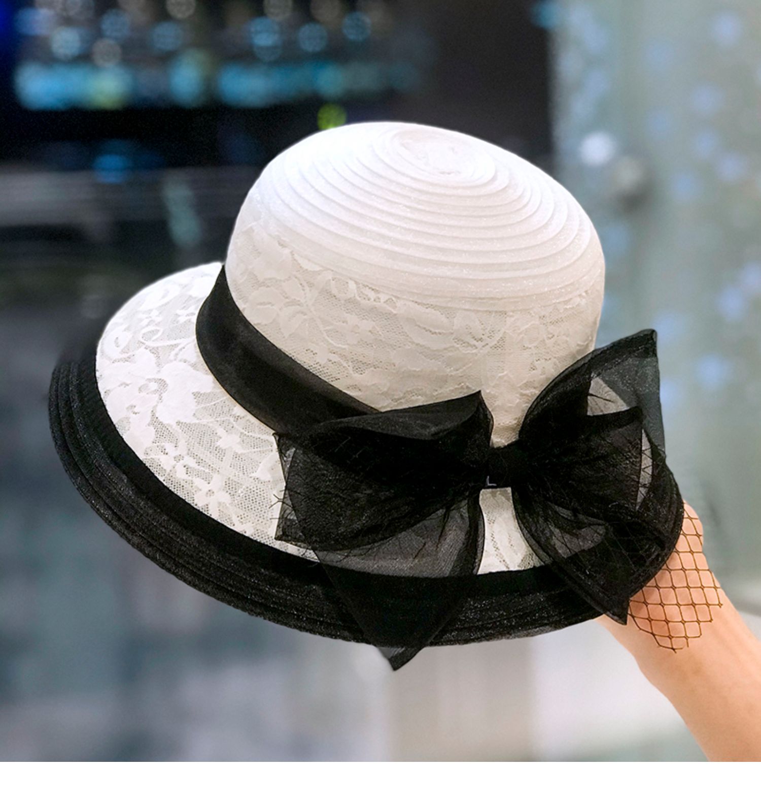 lake夏季时尚蕾丝网纱渔夫帽女赫本风拼色复古礼帽优雅蝴蝶结遮阳帽子