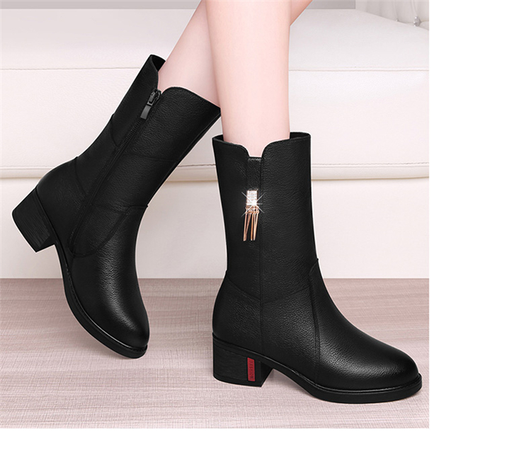 女靴子牛皮粗跟中跟皮鞋高筒加绒皮靴 971697179718【价格 图片 品牌