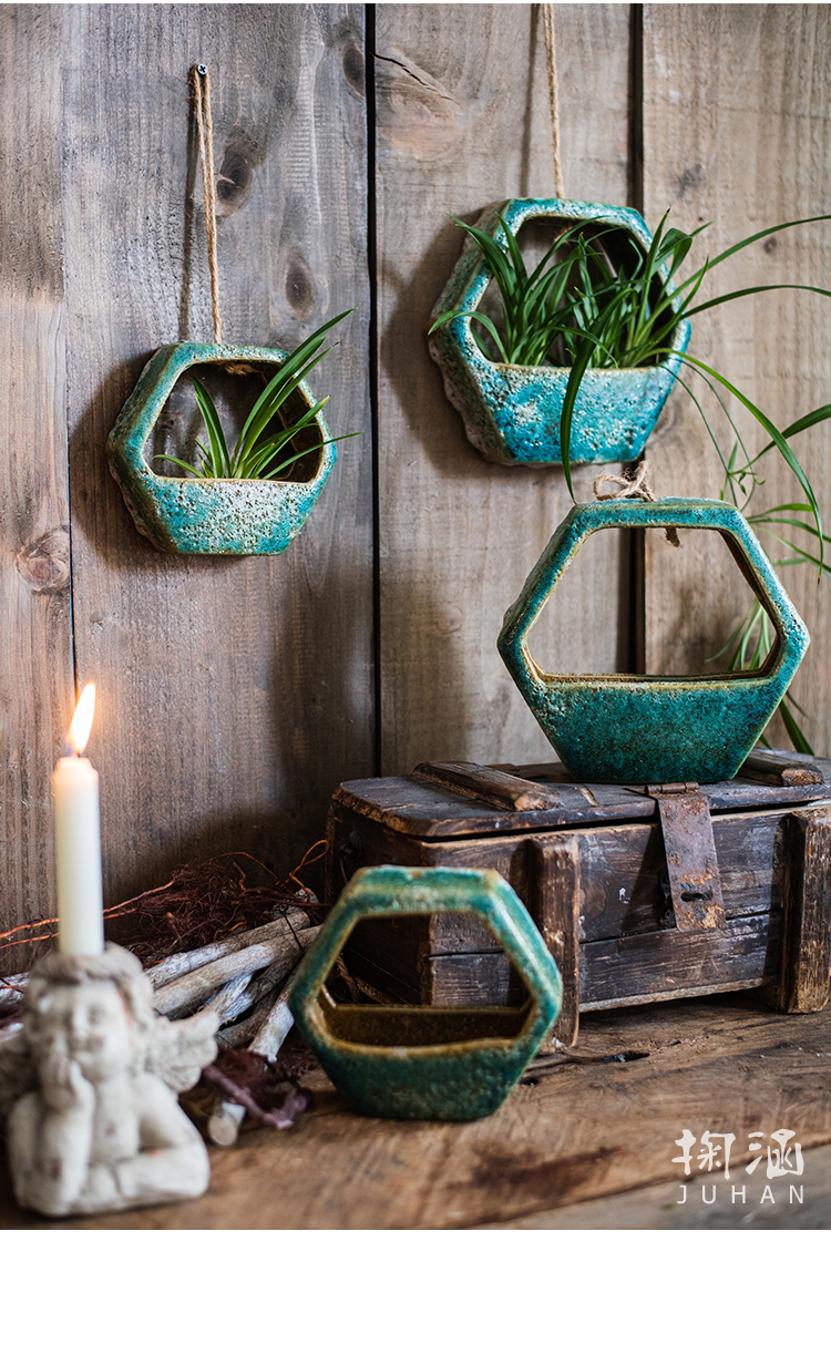 美帮汇粗陶瓷壁挂花器吊兰吊篮水培禅意古国风中式创意装饰六边形壁挂