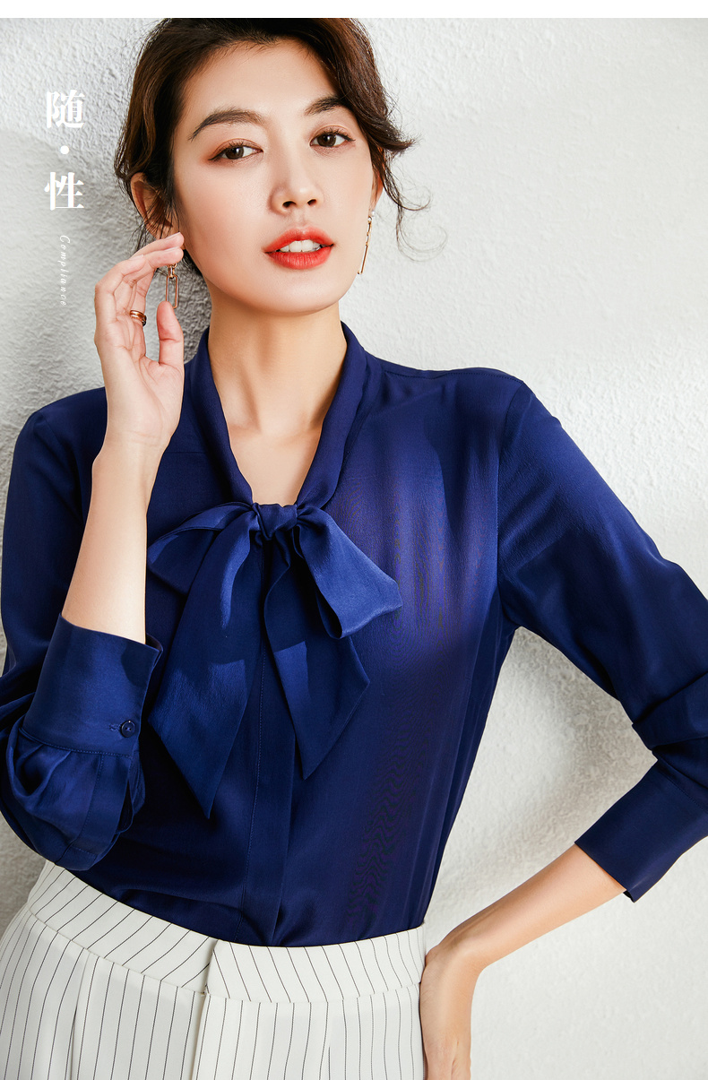 恒源祥真丝飘带衬衫女春装2020新款桑蚕丝纯色长袖上衣蝴蝶结衬衣