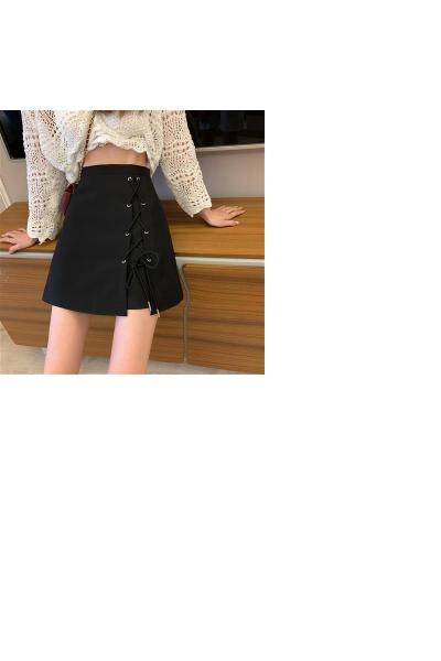 YIBUSHENG2021夏季新款高腰设计感绑带短裙女防走光半身裙黑色a字裙包臀裙