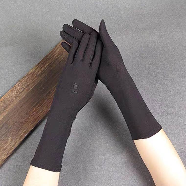 春秋中款手套女薄款礼仪弹力黑色紧身牛奶丝绣花夏季防晒广场表演