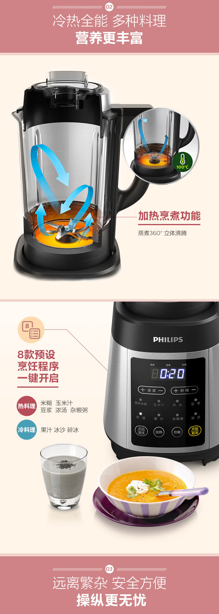 飞利浦(philips hr2088/90破壁料理机家用全自动多功能加热自动清洗