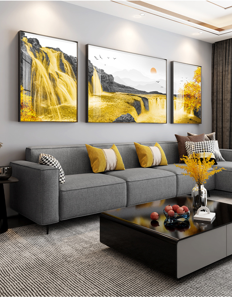 怡茹客厅沙发背景墙装饰画流水瀑布山水画寓意挂画富贵壁画背靠金山画