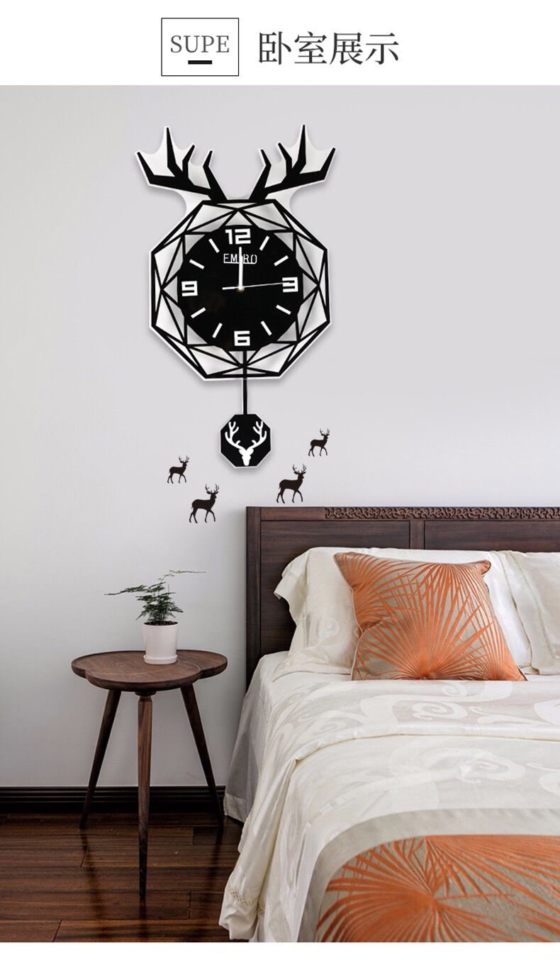 北欧家用客厅装饰钟表石英钟时尚创意静音免打孔鹿头墙上挂钟时钟特价