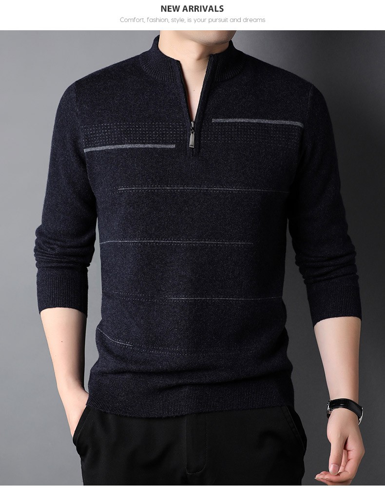 恒源祥男士羊毛衫加厚100纯羊毛商务休闲毛衣半高领带拉链套头针织衫