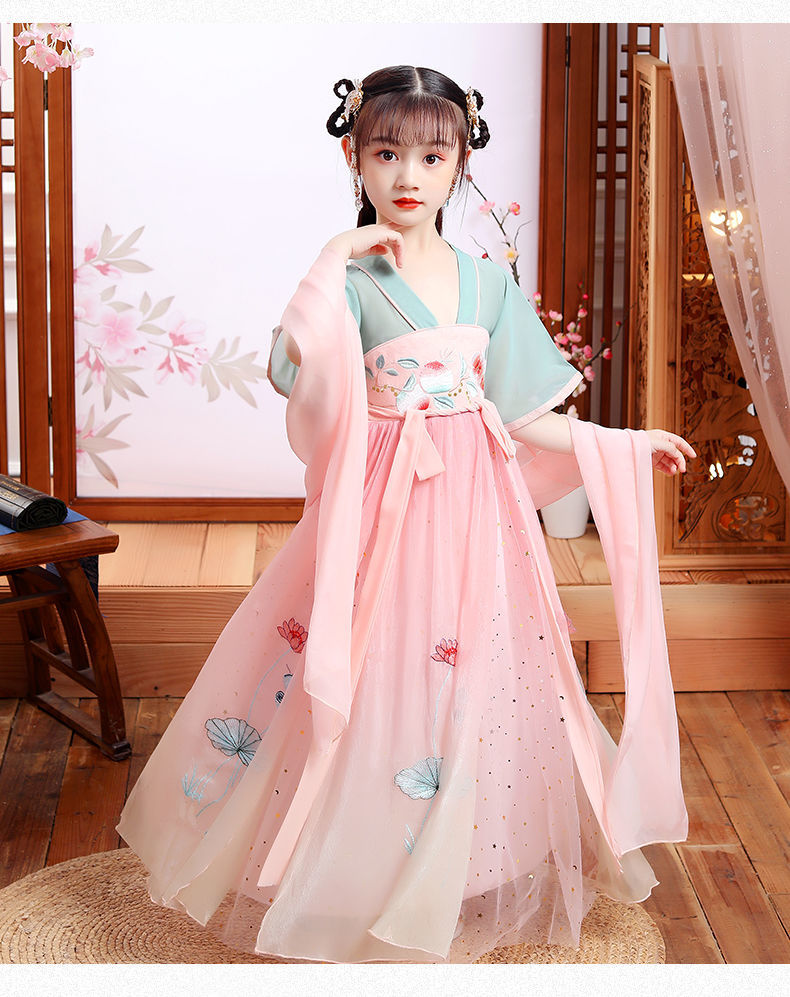 儿童汉服女童古装衣服春夏装中国风仙女裙唐装超仙服装古装裙套装红色
