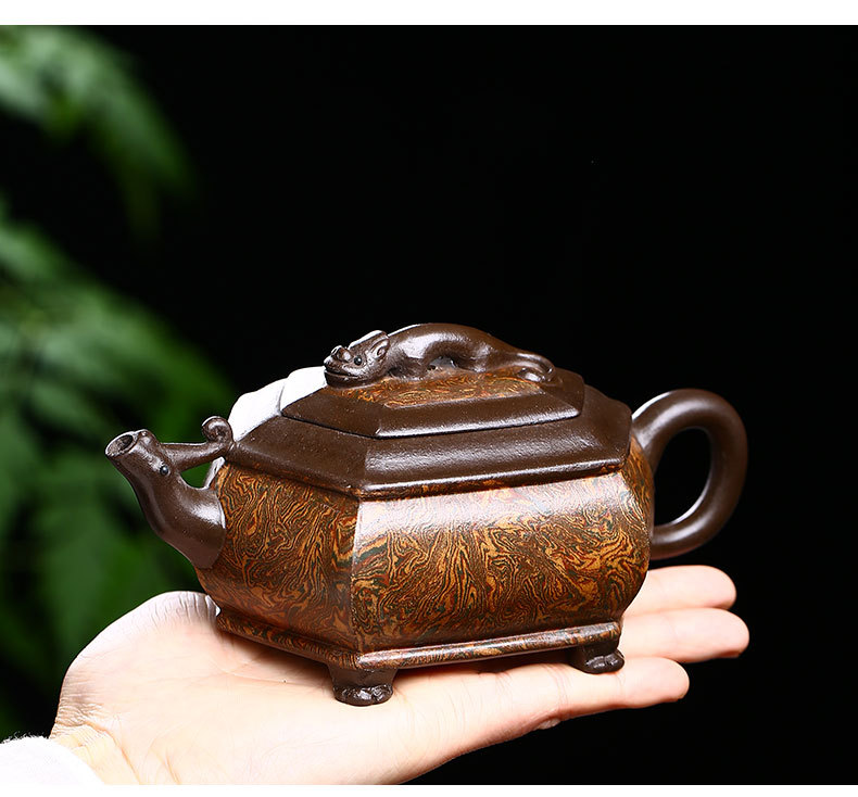 宜兴紫砂壶茶壶茶具批发陈来娣紫泥绞泥螭龙六方壶