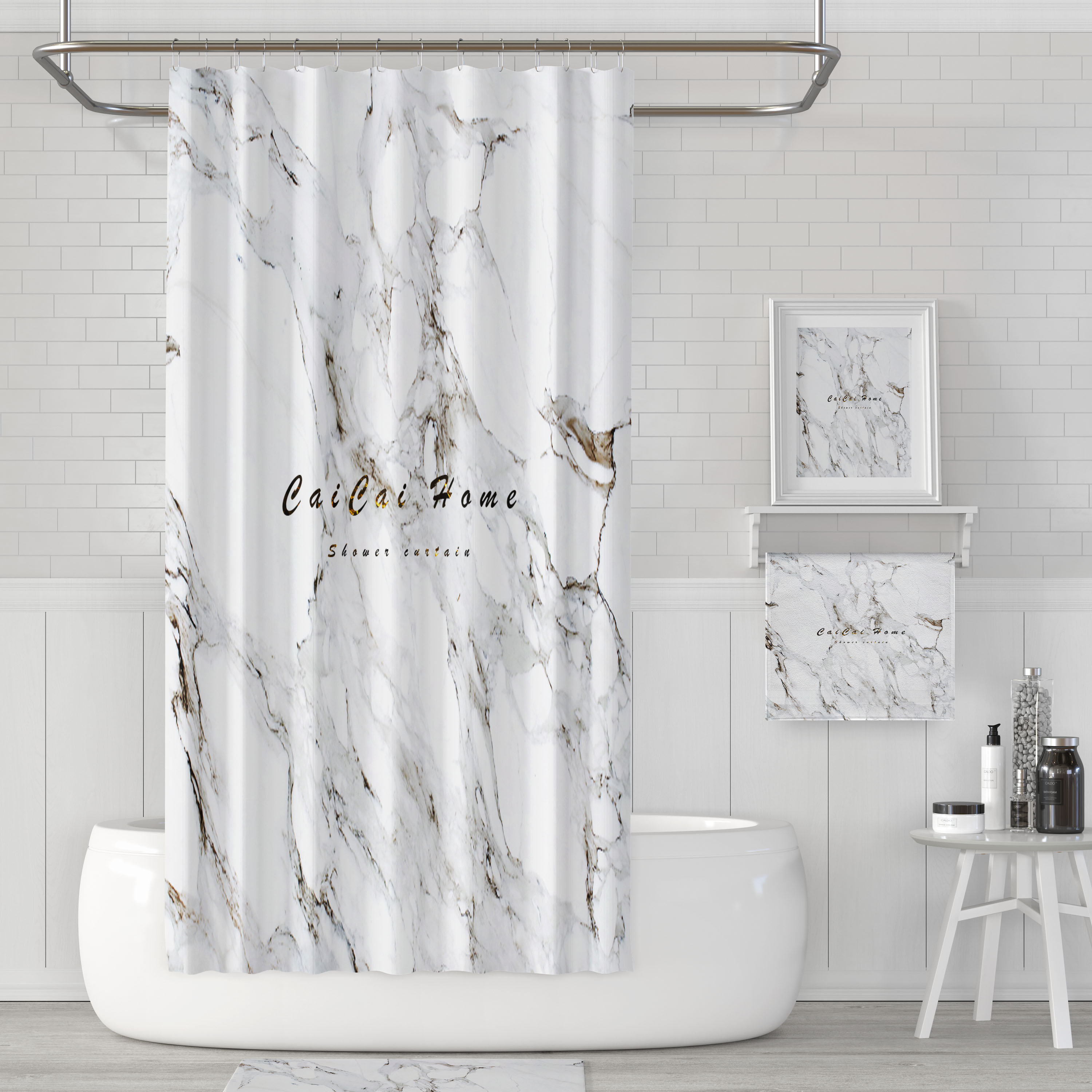 大理石纹浴帘防水加厚卫生间洗澡隔断帘欧式北欧浴帘布遮光 三维工匠