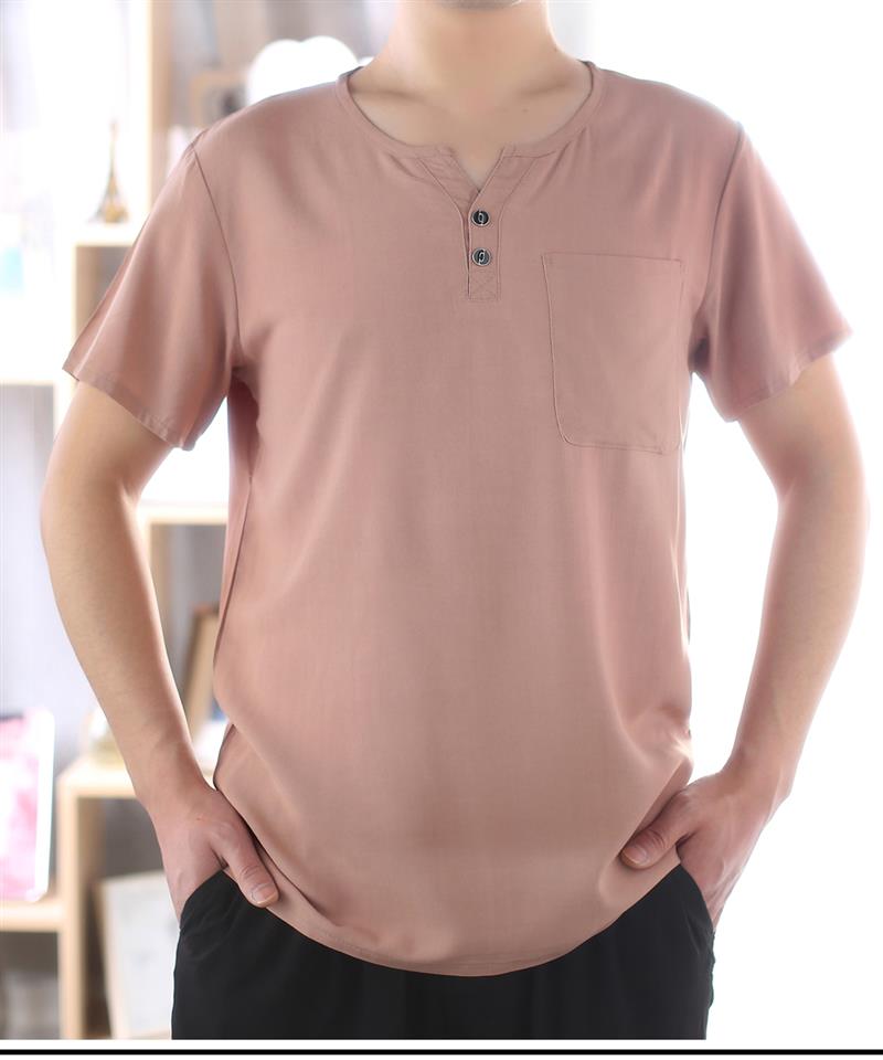 2019夏季新款纯色短袖宽松大码中老年棉绸睡衣人造棉男士绵绸上衣