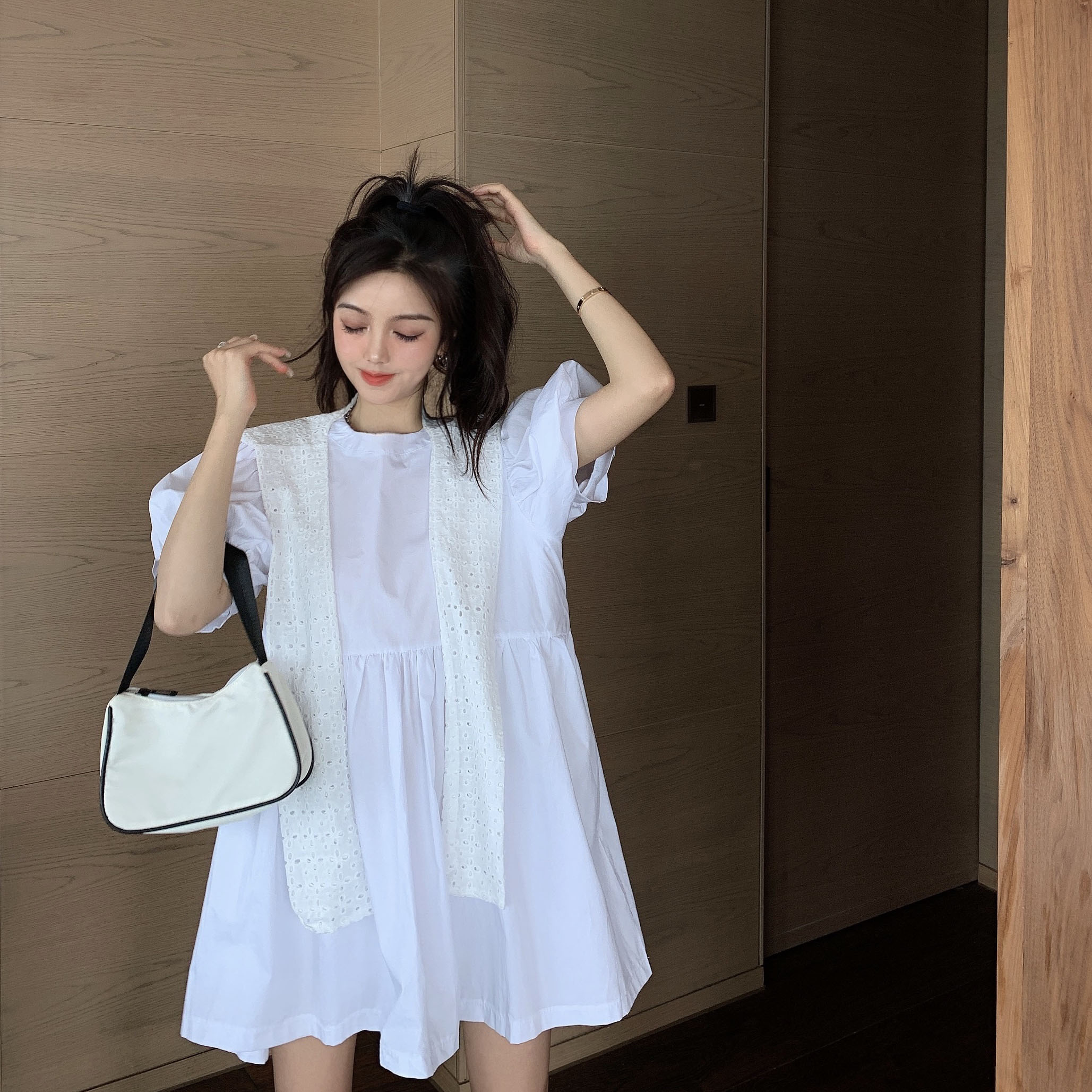 2020夏装新款甜美可减龄宽松连裙蕾披肩圆领泡泡袖娃娃裙女