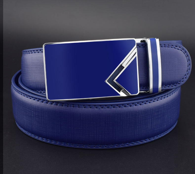 蓝色皮带男士韩版自动扣时尚简约腰带男孩真皮个性潮人百搭小裤带墨斗