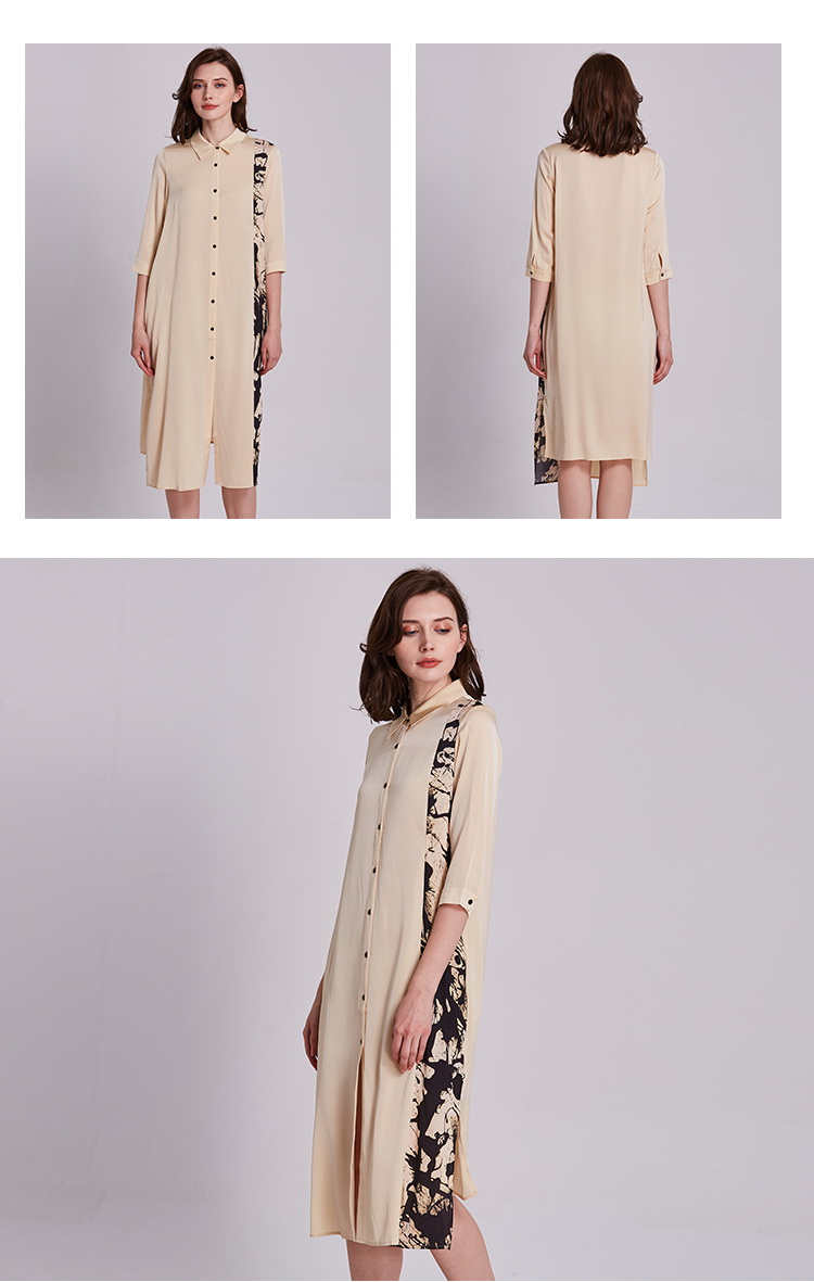 kaiser凯撒女装春季新款翻领七分袖衬衫式拼接连衣裙显瘦连衣裙女fwa