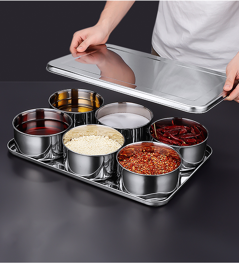 商用不锈钢调料盒带盖套装厨房家用烘焙精灵配菜调味盒格子饭店冰粉