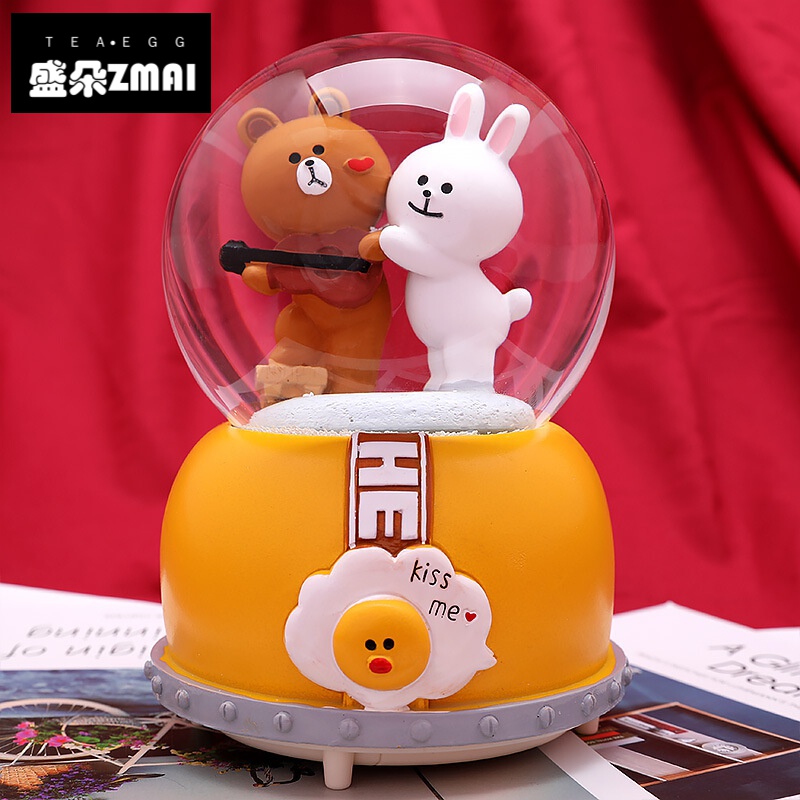 音乐盒卡通创意布朗熊水晶球透明自动飘雪八音盒圆球梦幻浪漫情侣礼品