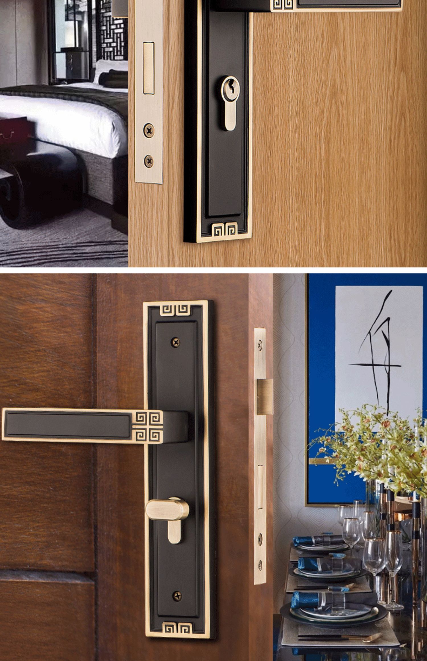 新中式门锁仿古全铜家用室内对开门纯铜房门锁木门卧室门把手 敬平