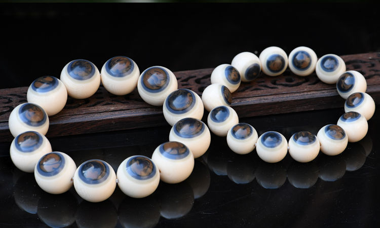 天然原矿5a冰料猛犸象牙蓝眼睛手串满纹蓝皮佛珠手链男女情侣手环猛犸